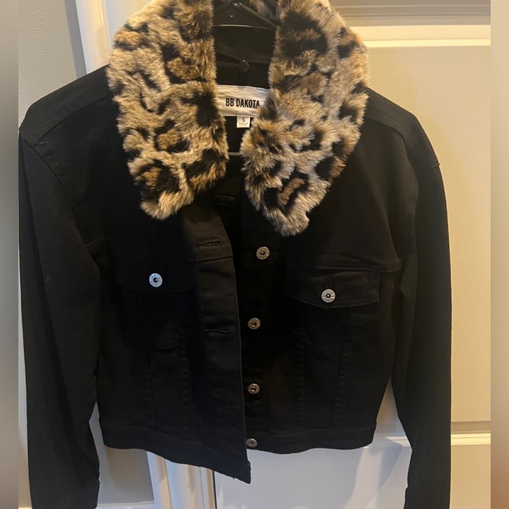 BB Dakota black denim cropped jacket with faux leopard fur.
